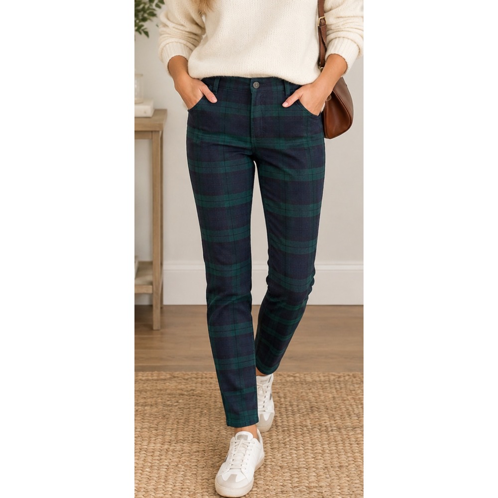 Banana Republic Black Watch Plaid Skinny Ankle Pants Navy Green 12 932869-00